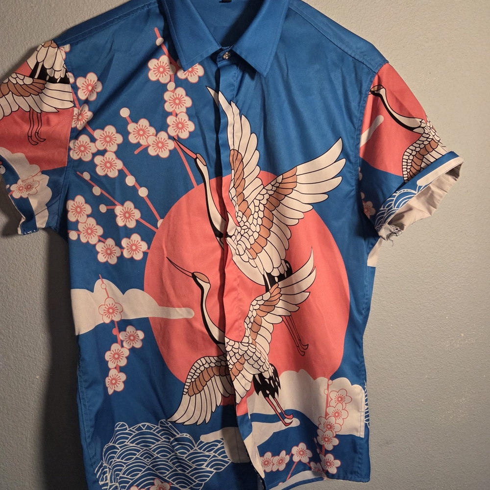 Blue and Red Crane Print Men's Shirt